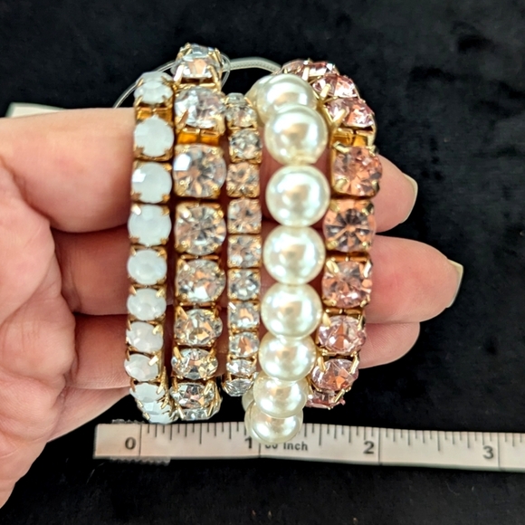 Pearl Rhinestone and Gold Crystal Bracelet Set Adjustable Stretchable Retro 90s - Picture 2 of 8